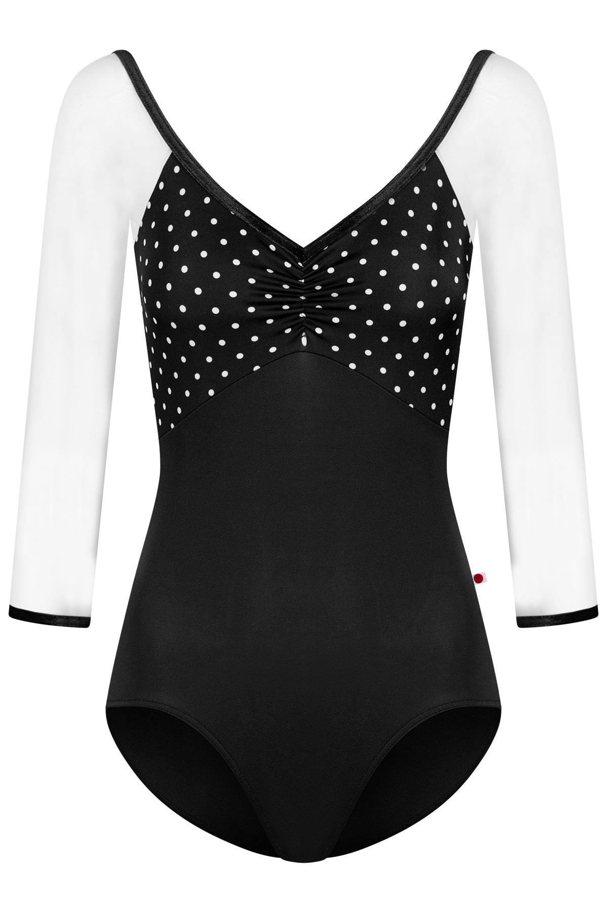 Elli Mesh leotard, black T-Lunares polka-dot ruched bust with white mesh three-quarter sleeves and V-neck, black body.