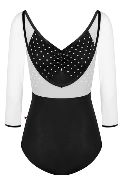 Elli Mesh leotard, black T-Lunares polka-dot ruched bust with white mesh three-quarter sleeves and V-neck, black body.