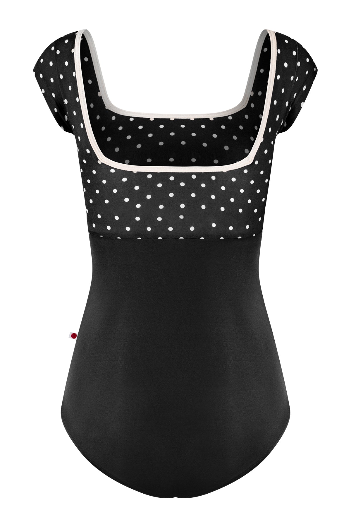 Marieke leotard, black T-Lunares polka-dot square-neck bodice with cream trim and black body, cap sleeves.