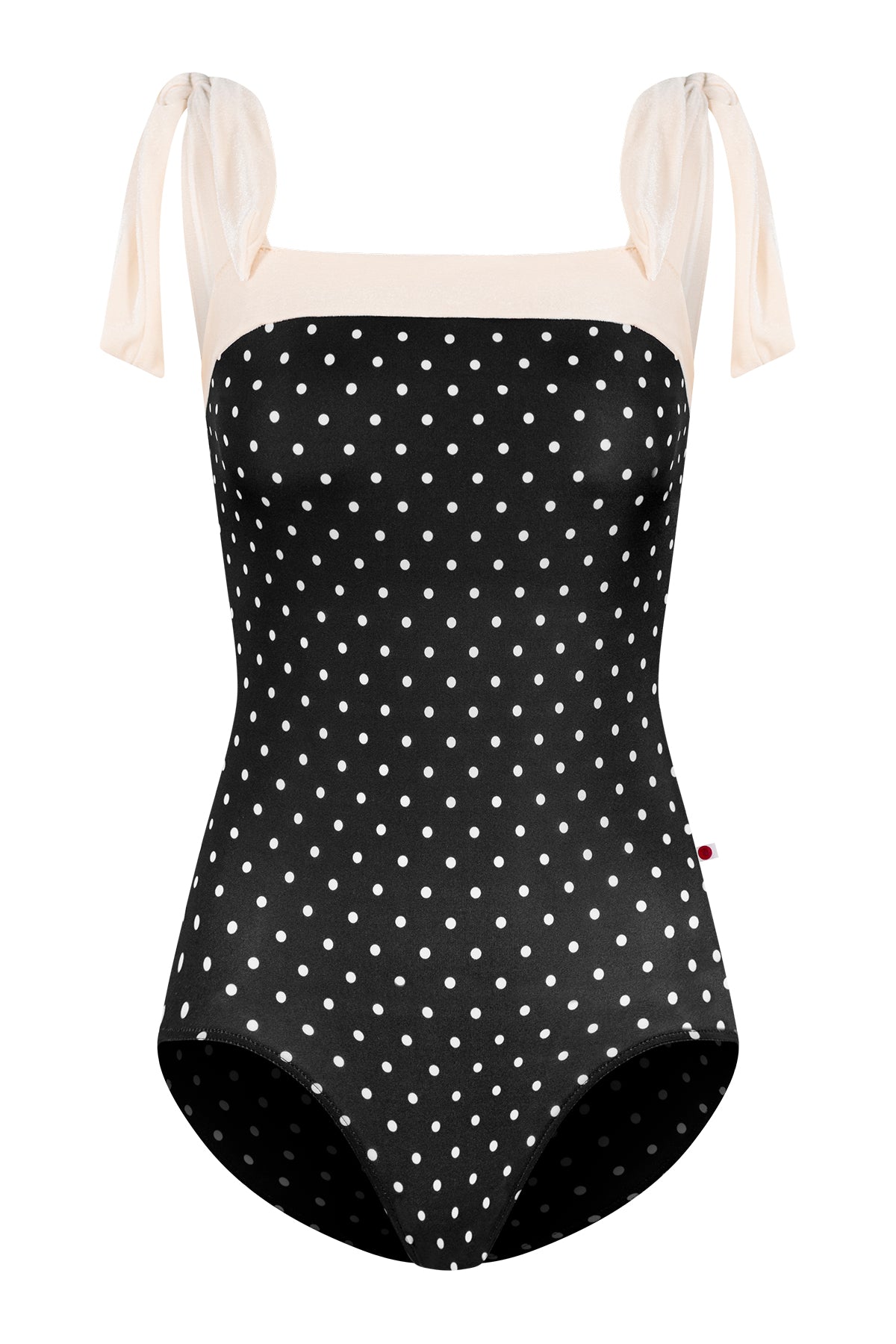 Mimi leotard, black T-Lunares polka-dot body with a blush square neckline and knotted tie shoulder straps.