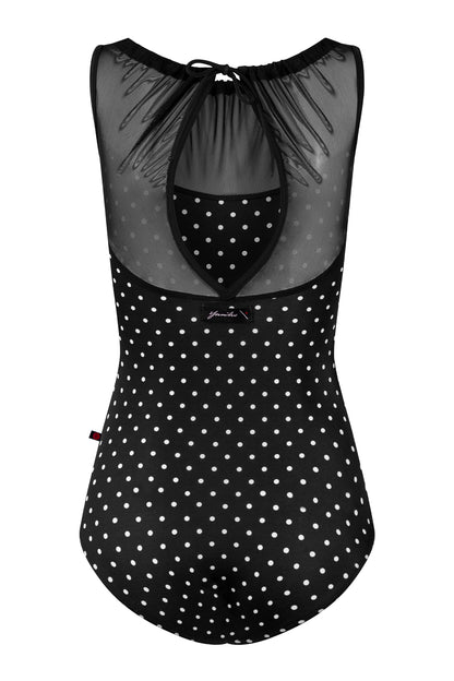 Paris leotard, black T-Lunares polka-dot with a sheer black mesh boat neck and open back.