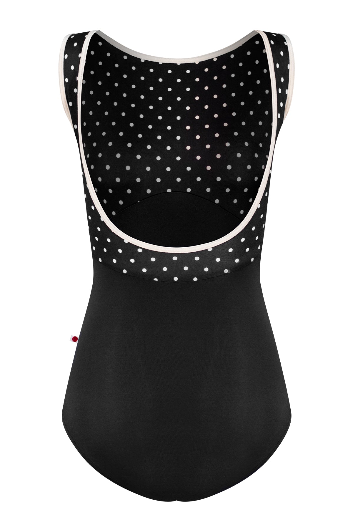 Sofiane leotard, black T-Lunares polka-dot bodice and black body, high boat neckline with blush trim.