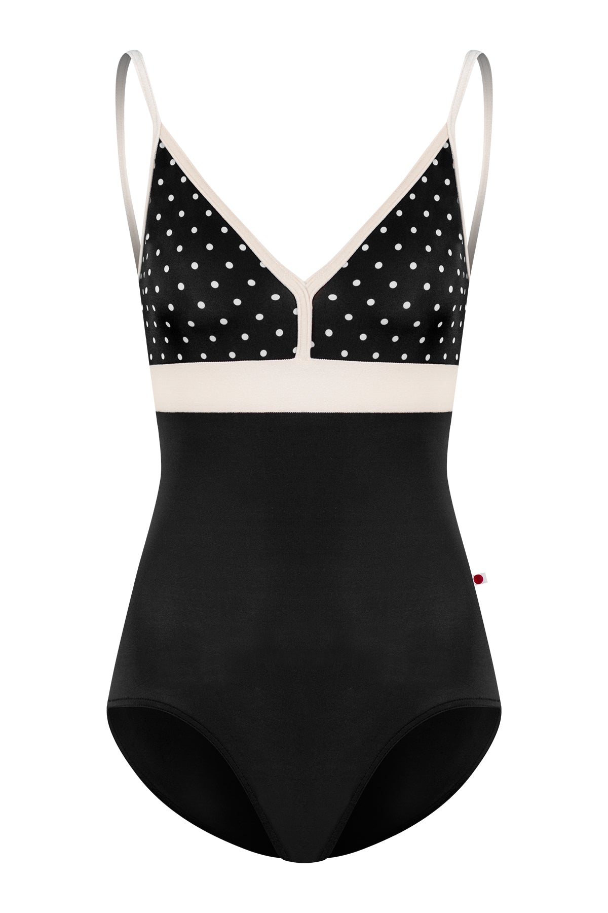 Zoe leotard, black T-Lunares polka-dot V-neck bust with blush straps and waistband, black body.