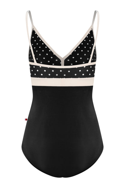 Zoe leotard, black T-Lunares polka-dot V-neck bust with blush straps and waistband, black body.