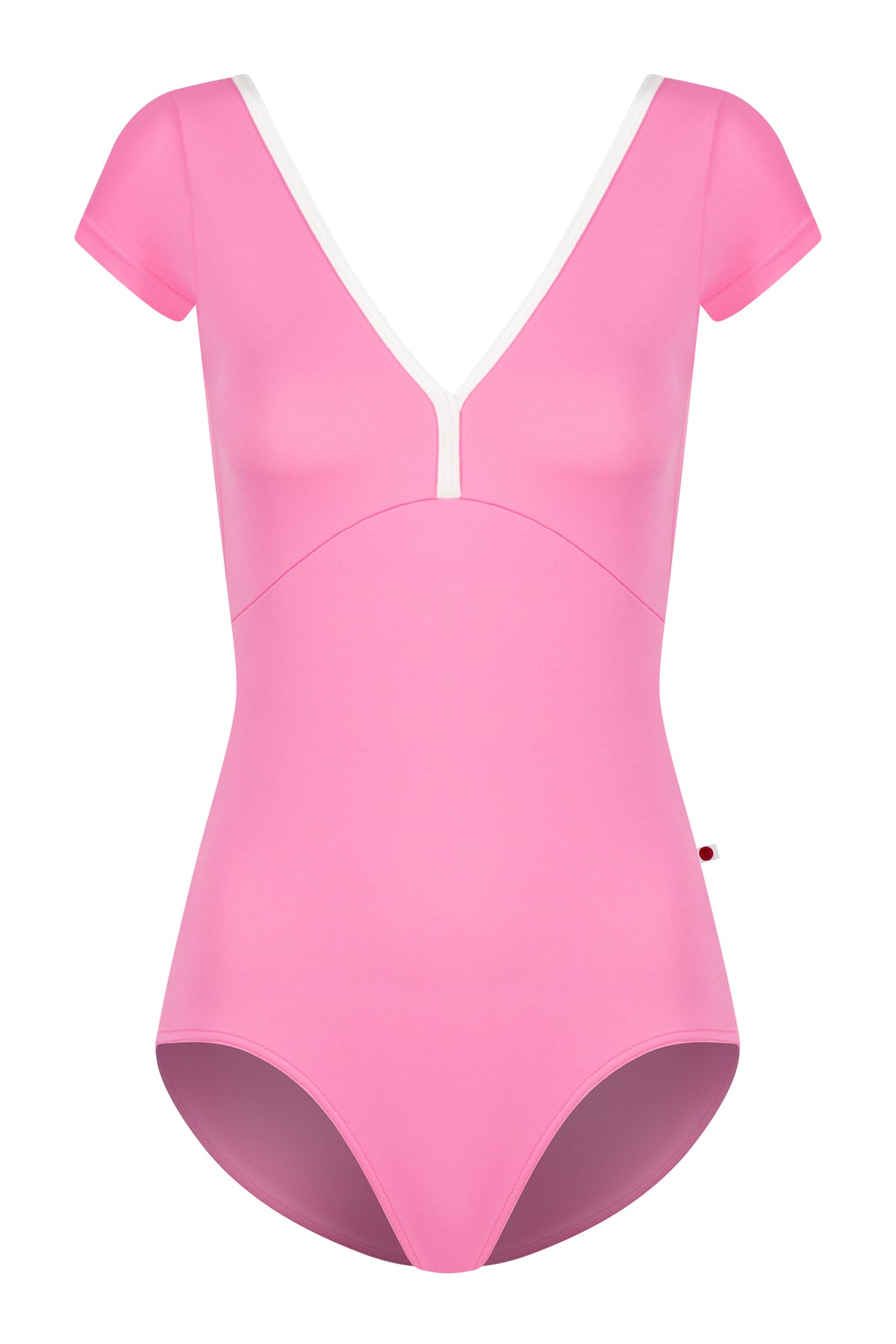 Alicia leotard, bright pink with cap sleeves and a V-neck with white centre trim.