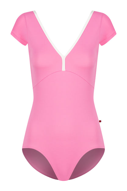 Alicia leotard, bright pink with cap sleeves and a V-neck with white centre trim.