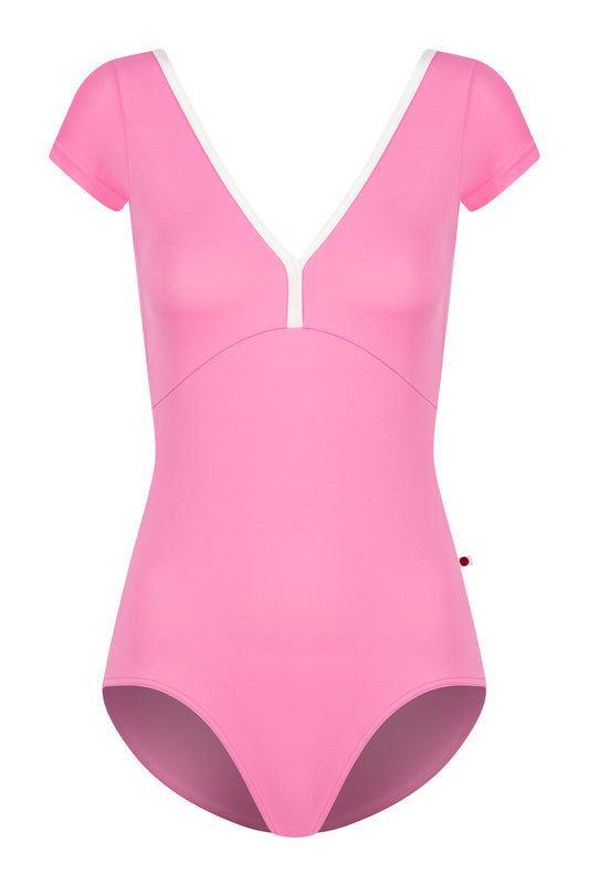 Alicia leotard, bright pink with cap sleeves and a V-neck with white centre trim.
