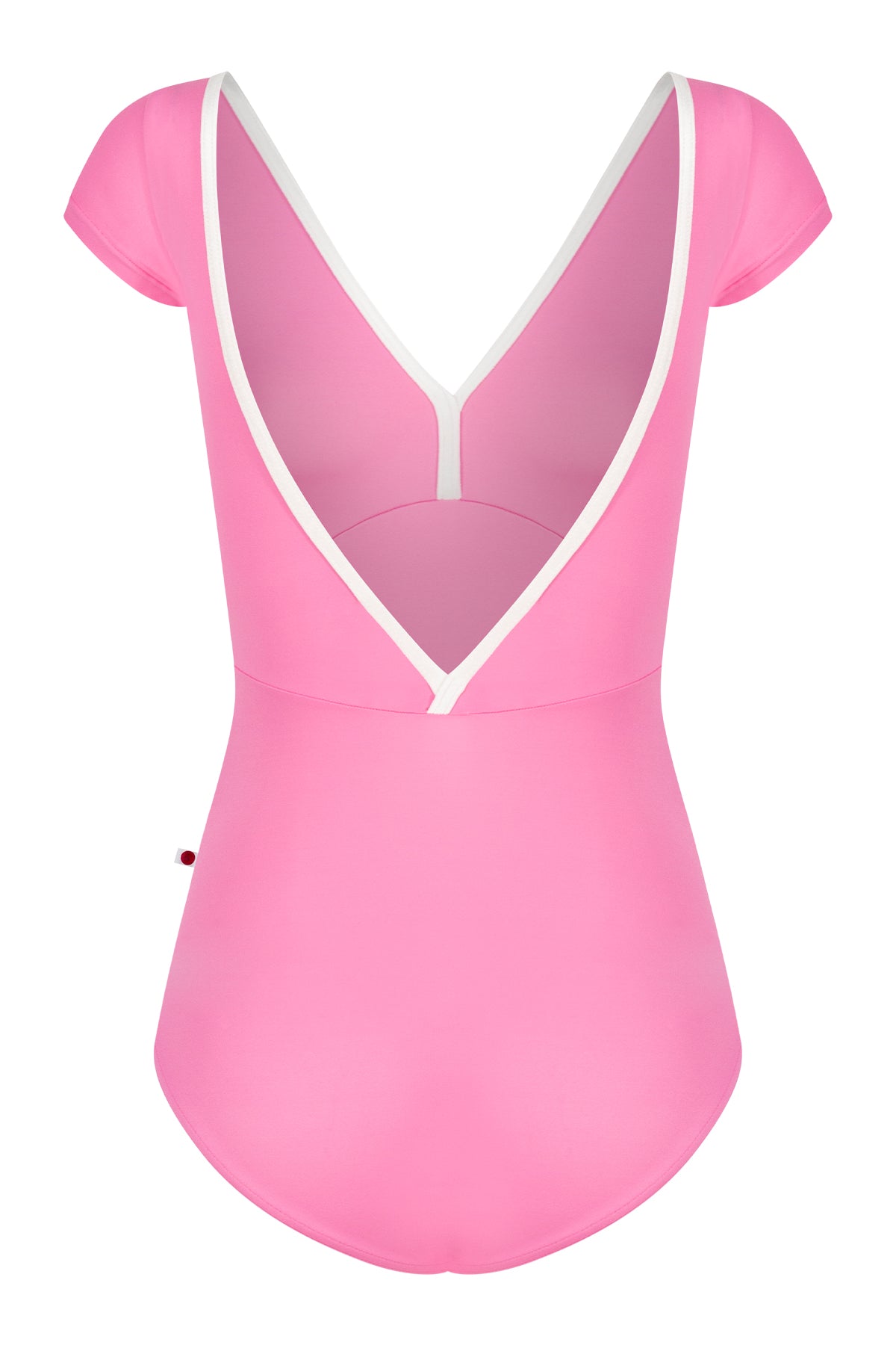 Alicia leotard, bright pink with cap sleeves and a V-neck with white centre trim.
