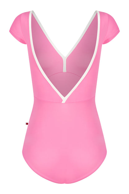 Alicia leotard, bright pink with cap sleeves and a V-neck with white centre trim.