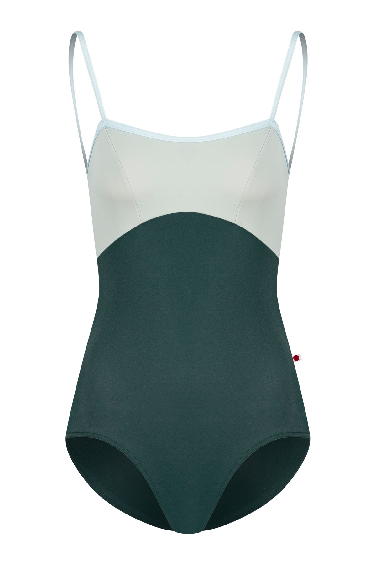 Denise leotard, pale ice-blue upper and a dark-green body, straight neckline with thin straps.