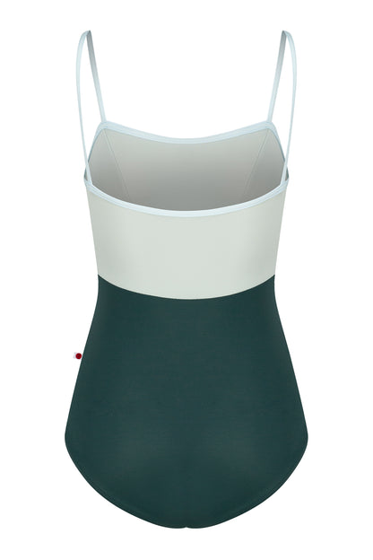 Denise leotard, pale ice-blue upper and a dark-green body, straight neckline with thin straps.
