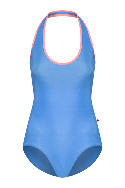 Jaione leotard, periwinkle-blue with a coral-pink halter neckline and open sides.
