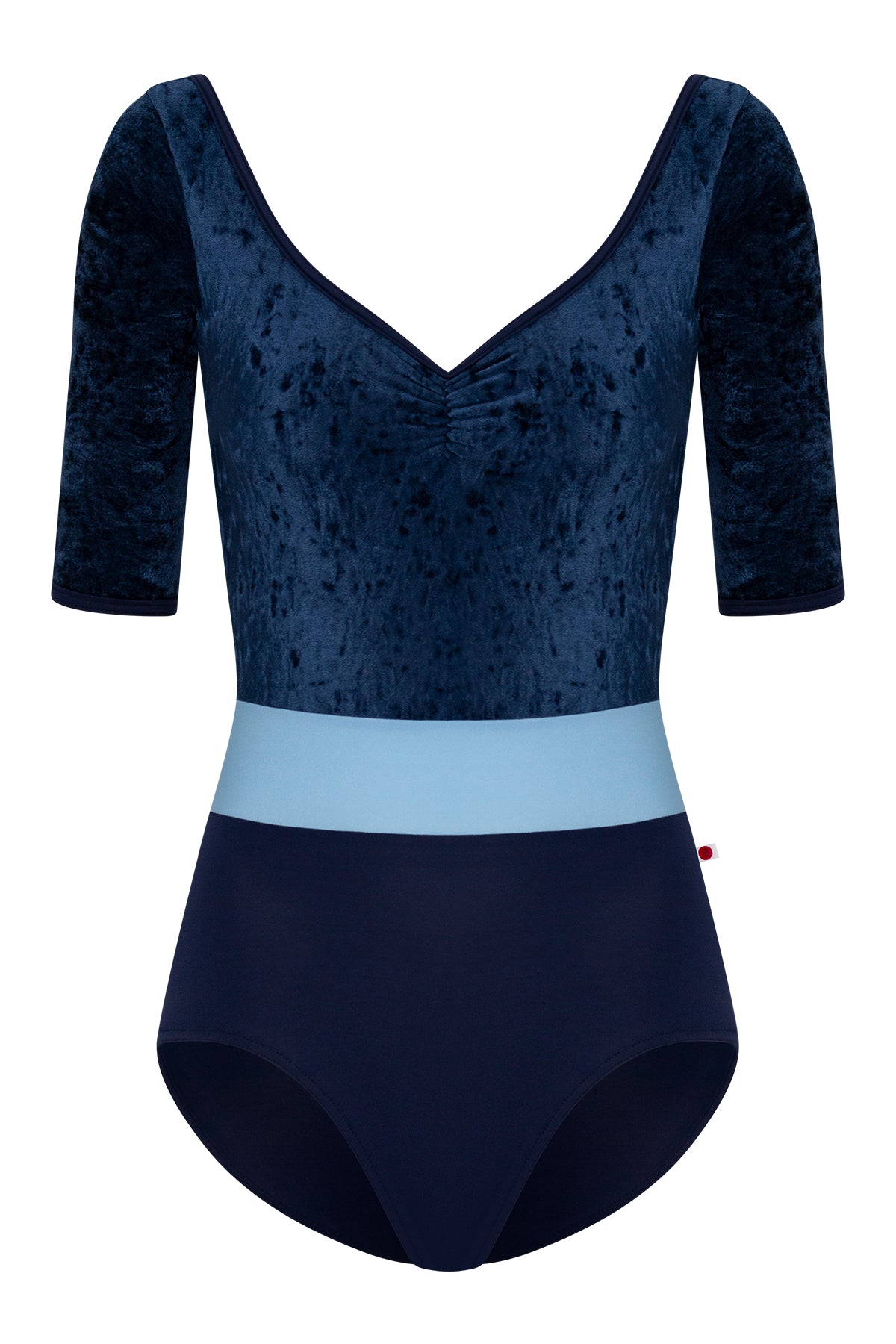 Lucy leotard, navy crushed-velvet elbow-sleeve bodice with a light-blue waistband and a navy body, V-neck.