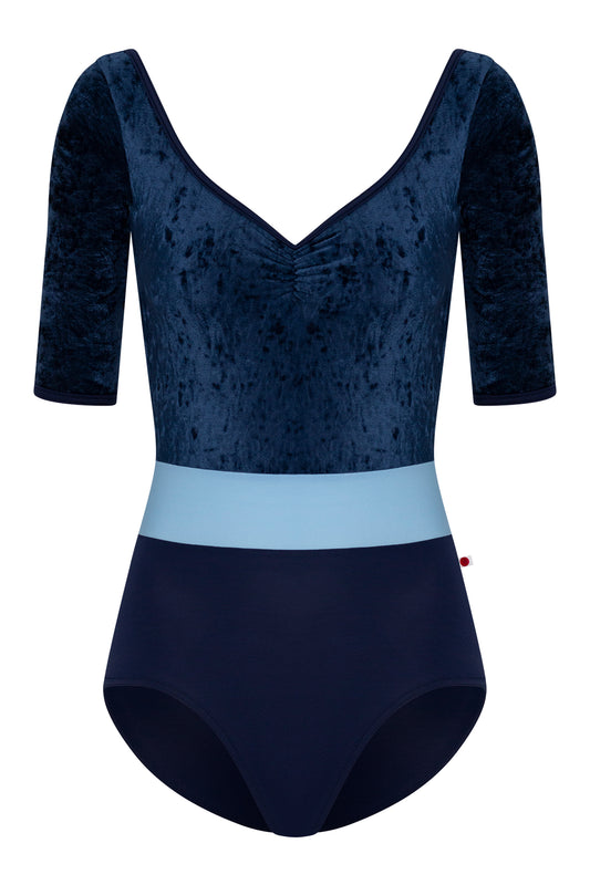 Lucy leotard, navy crushed-velvet elbow-sleeve bodice with a light-blue waistband and a navy body, V-neck.