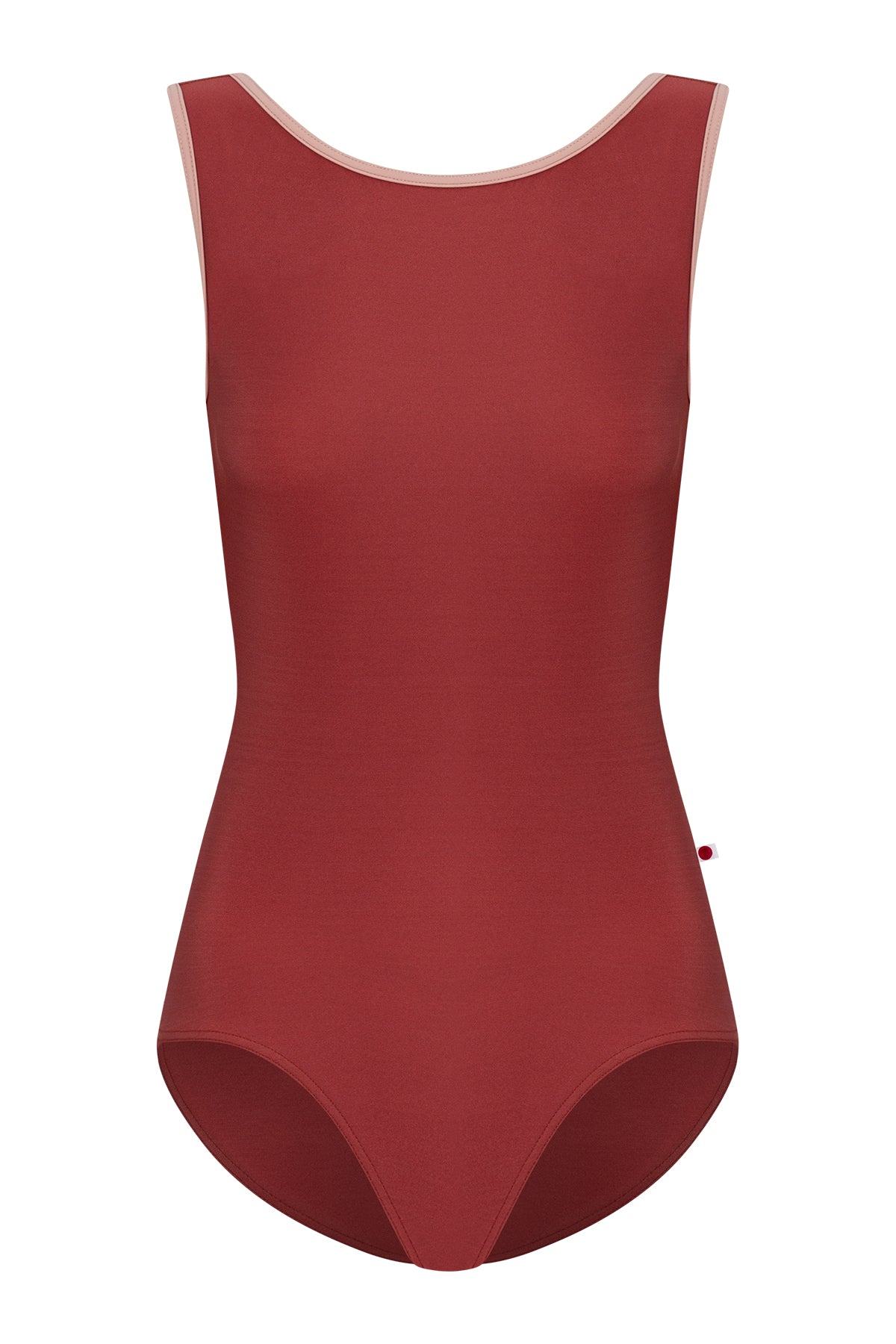 Sofiane leotard, brick-red with a high boat neckline and pink strap trim.