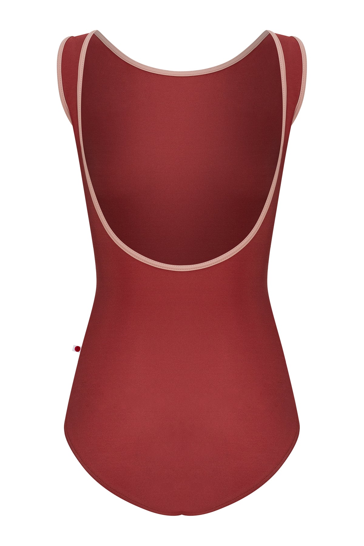 Sofiane leotard, brick-red with a high boat neckline and pink strap trim.