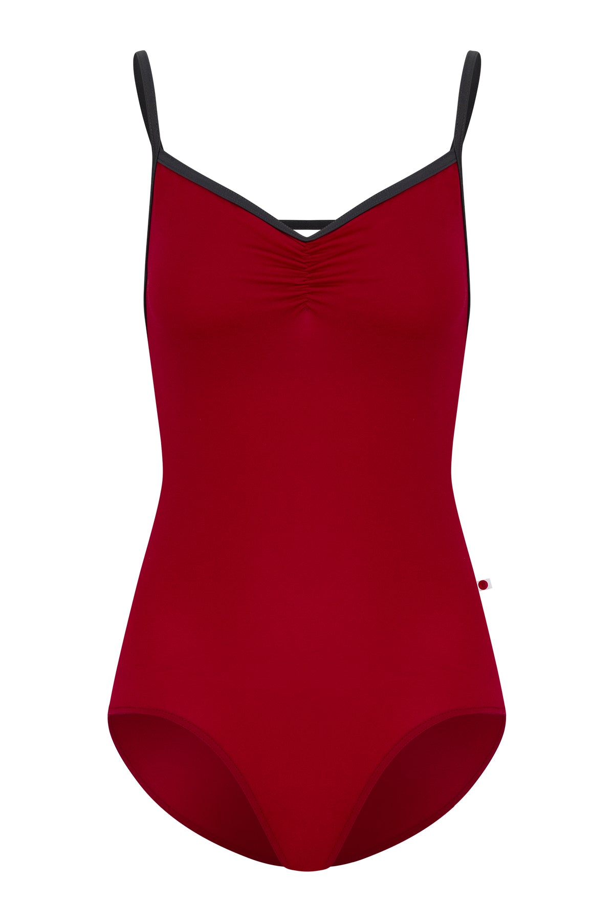 Tamara leotard, deep crimson with a pinch-front bust, charcoal straps and neckline trim.