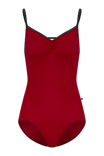 Tamara leotard, deep crimson with a pinch-front bust, charcoal straps and neckline trim.