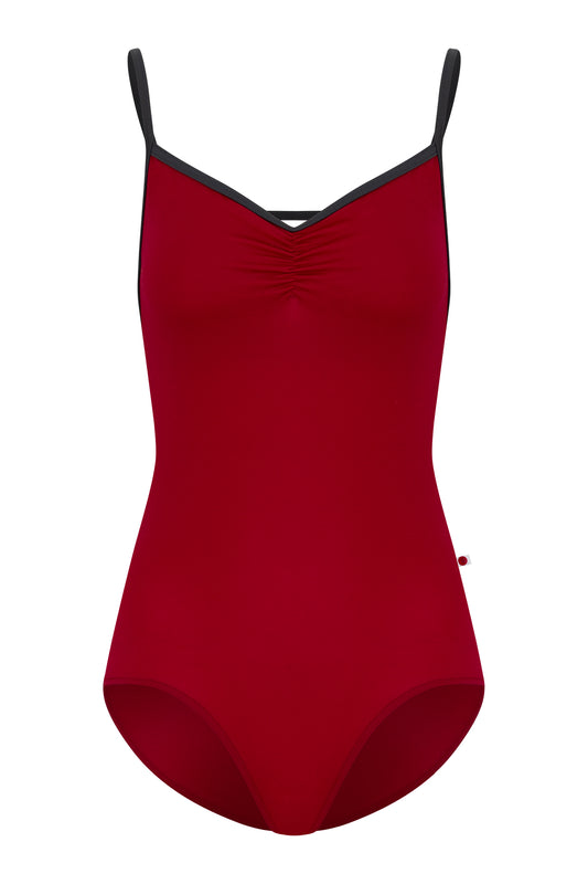 Tamara leotard, deep crimson with a pinch-front bust, charcoal straps and neckline trim.