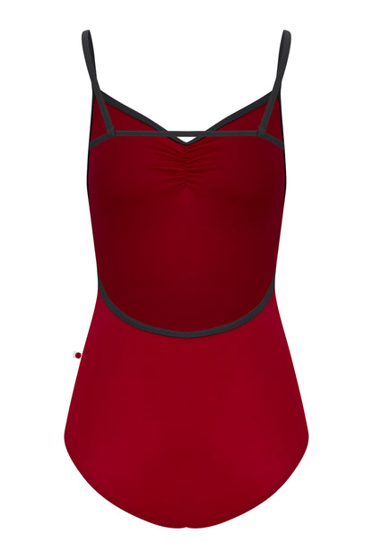 Tamara leotard, deep crimson with a pinch-front bust, charcoal straps and neckline trim.