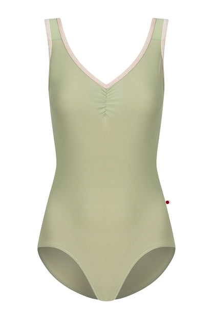 Tiffany leotard, sage-green with double straps in green and pink and a ruched V-neck.