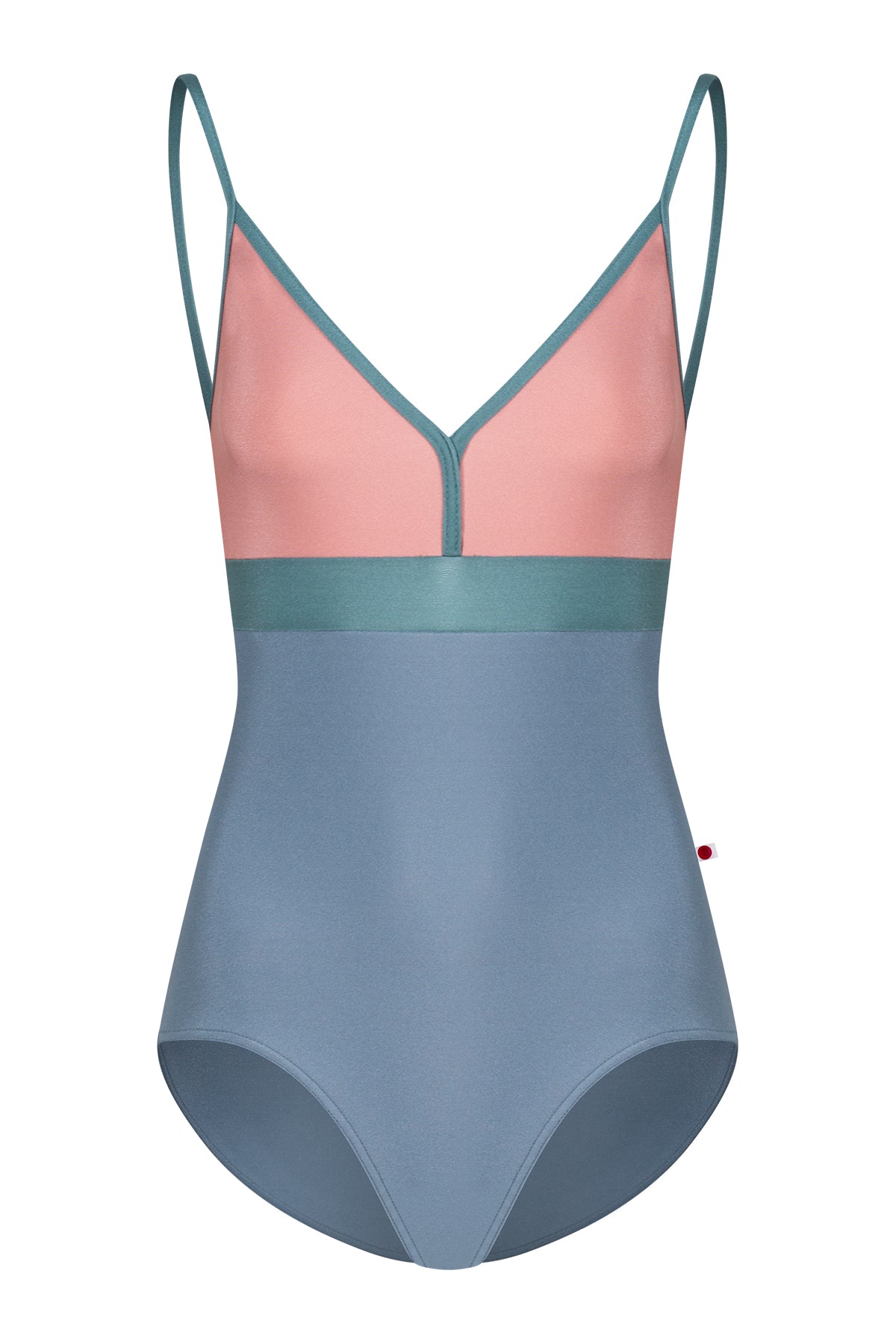 AI-generated model. Zoe leotard, dusty-rose bust and blue-grey body with a teal waistband and thin teal straps, V-neck.