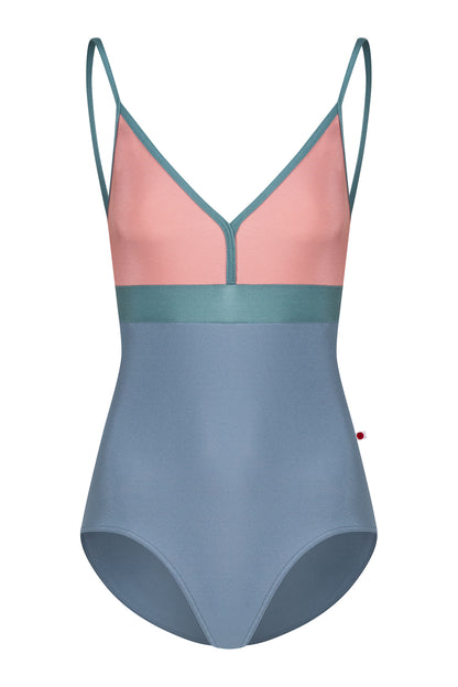 AI-generated model. Zoe leotard, dusty-rose bust and blue-grey body with a teal waistband and thin teal straps, V-neck.