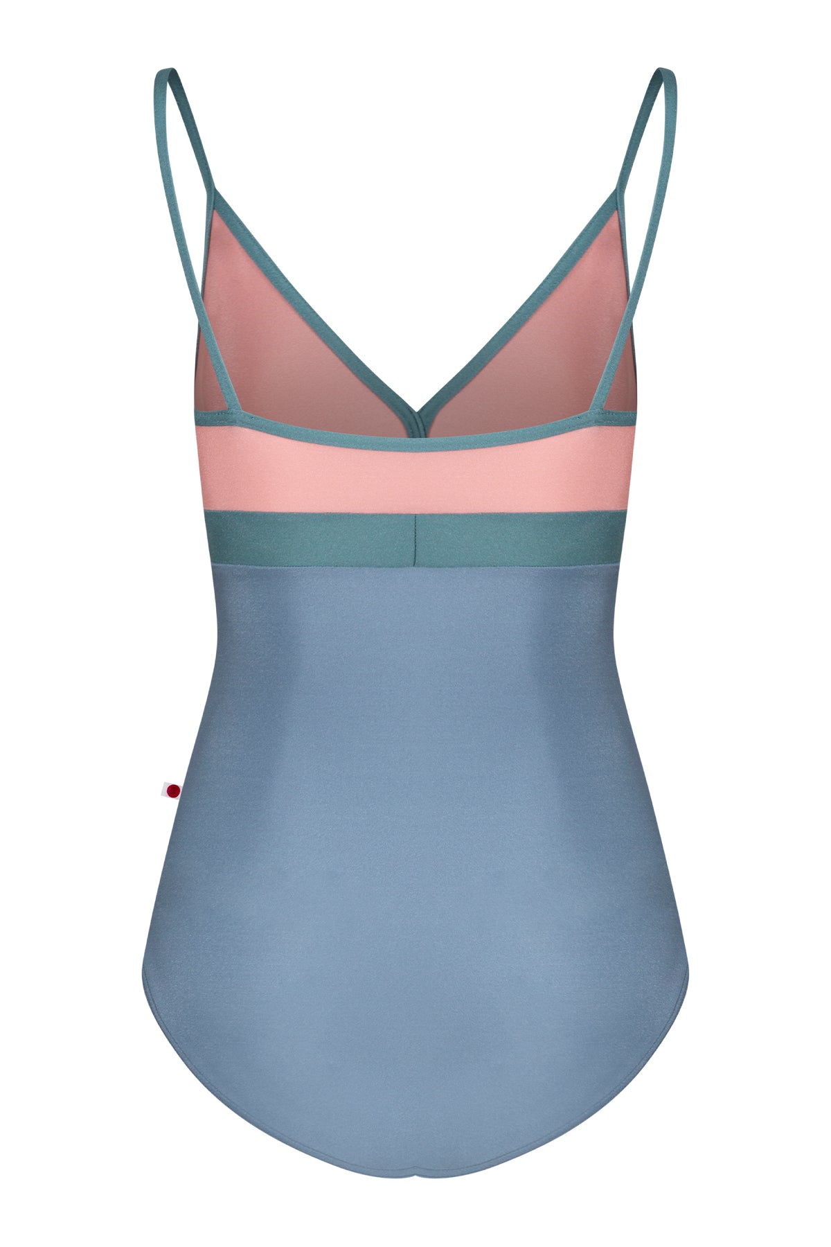 AI-generated model. Zoe leotard, dusty-rose bust and blue-grey body with a teal waistband and thin teal straps, V-neck.