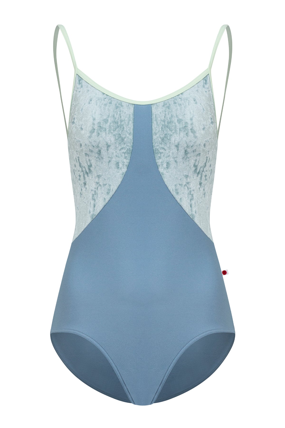 Amanda leotard, silver-grey shimmer body color and a dusty blue-grey top with sage-green thin straps.