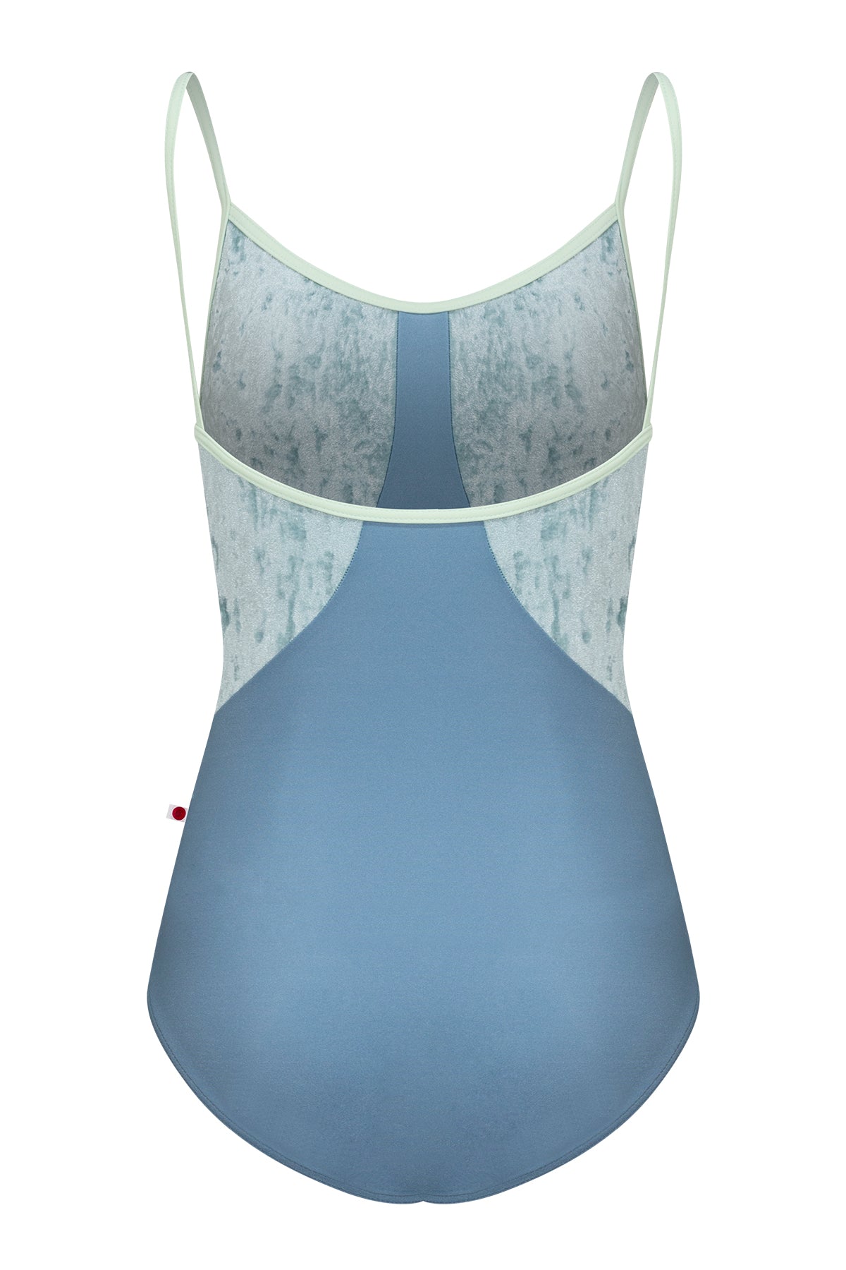 Amanda leotard, silver-grey shimmer body color and a dusty blue-grey top with sage-green thin straps.
