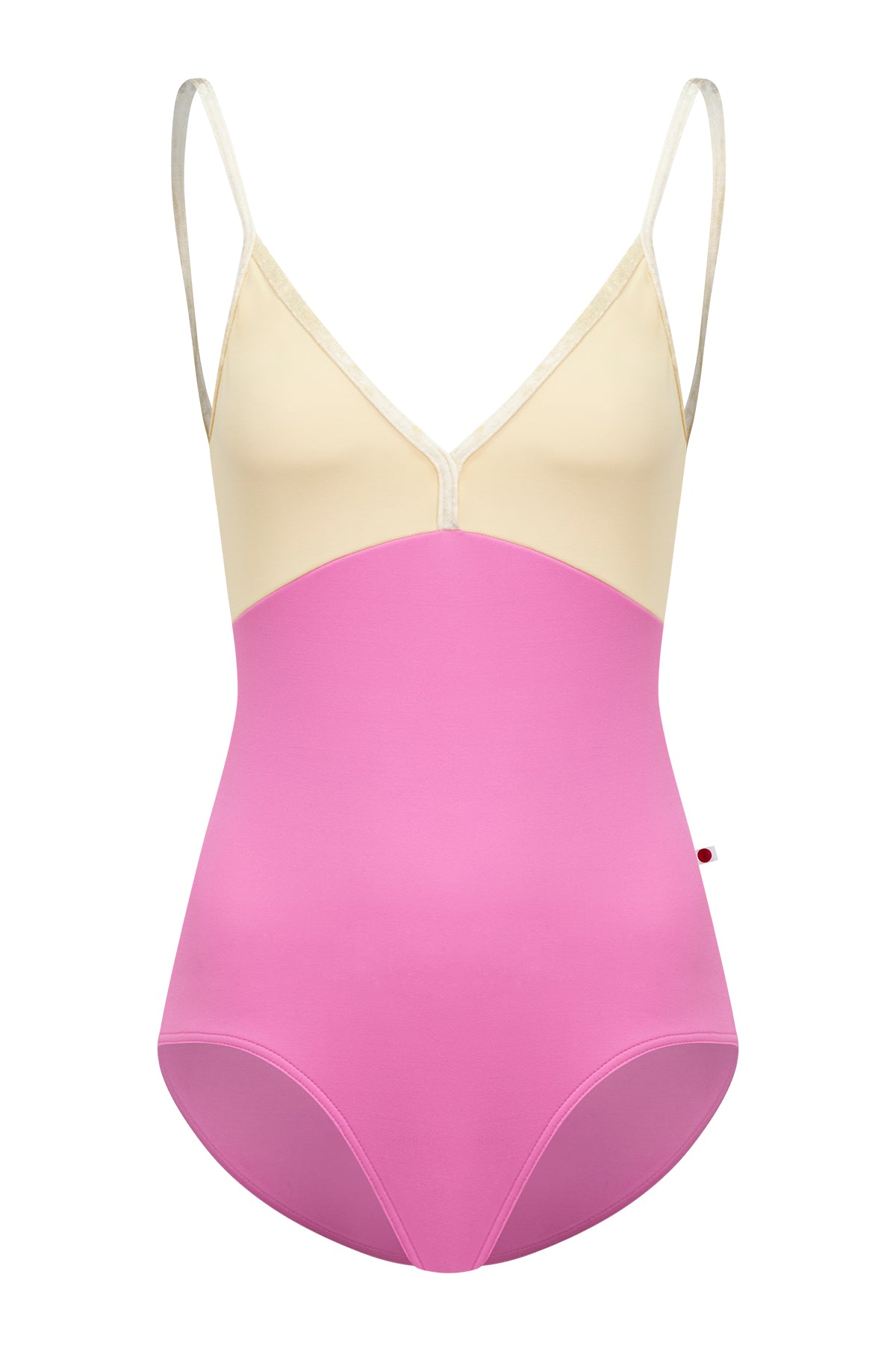 Daria leotard, pink body with vanilla yellow top and crushed velvet vanilla yellow trim.