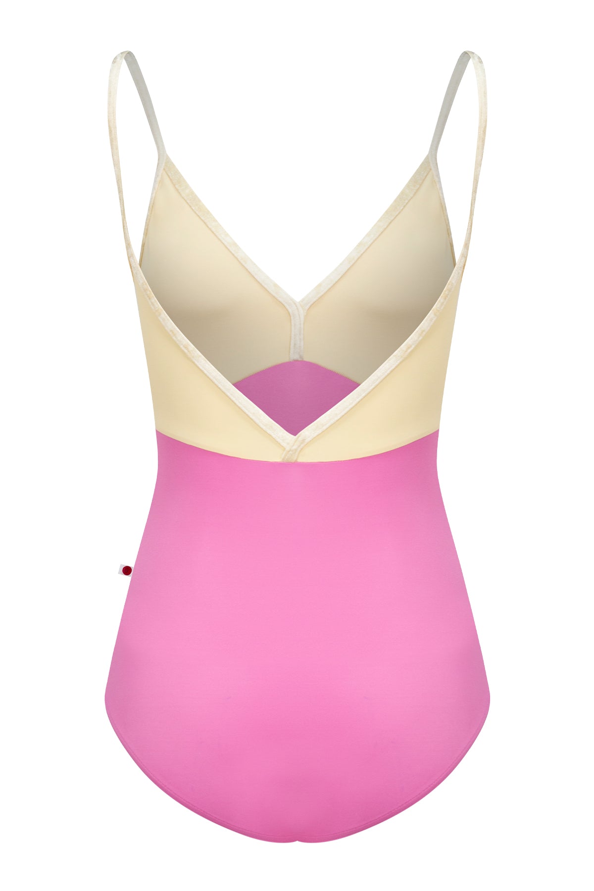 Daria leotard, pink body with vanilla yellow top and crushed velvet vanilla yellow trim.