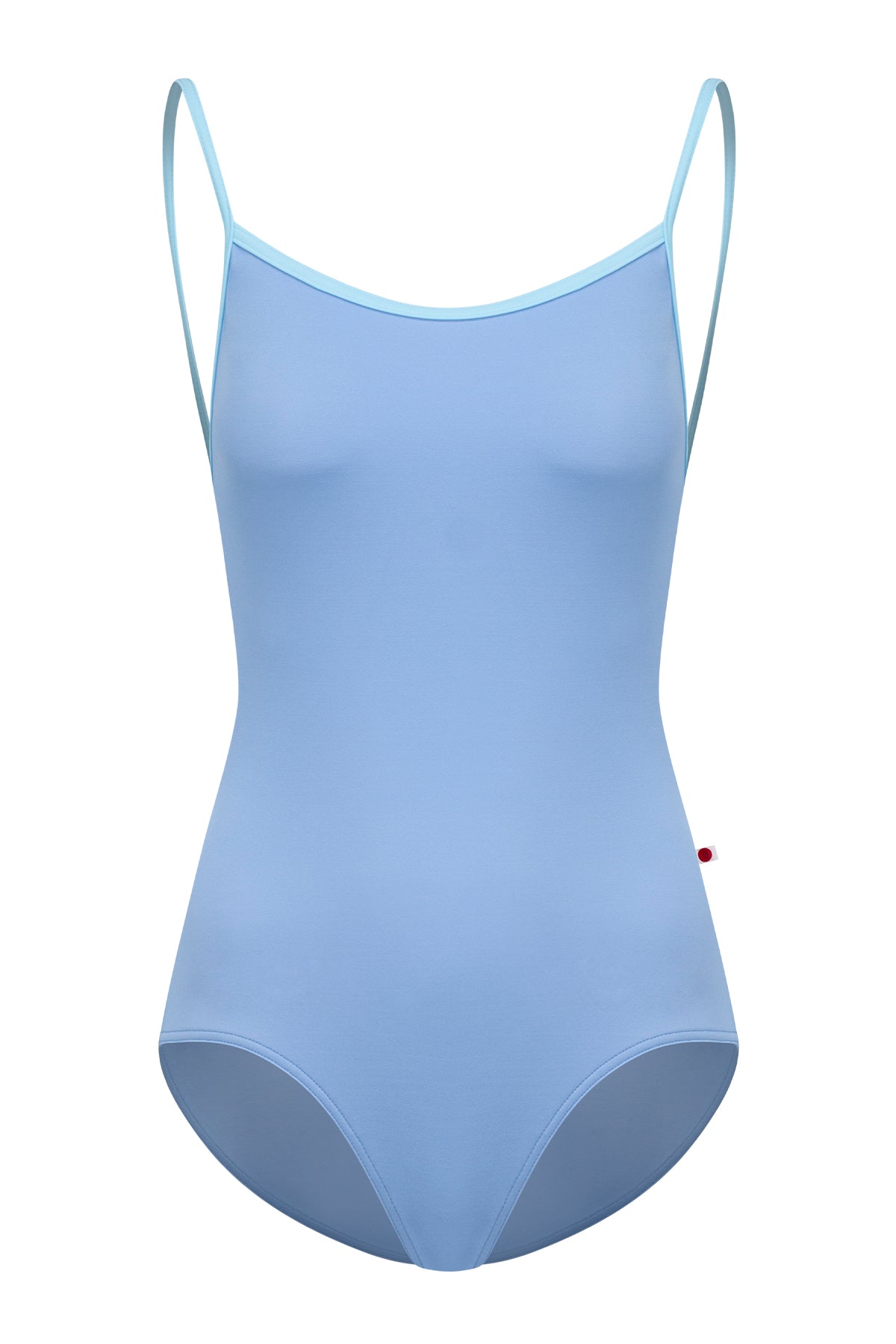 Heather leotard, soft cornflower-blue with turquoise trim on the neckline and thin straps.
