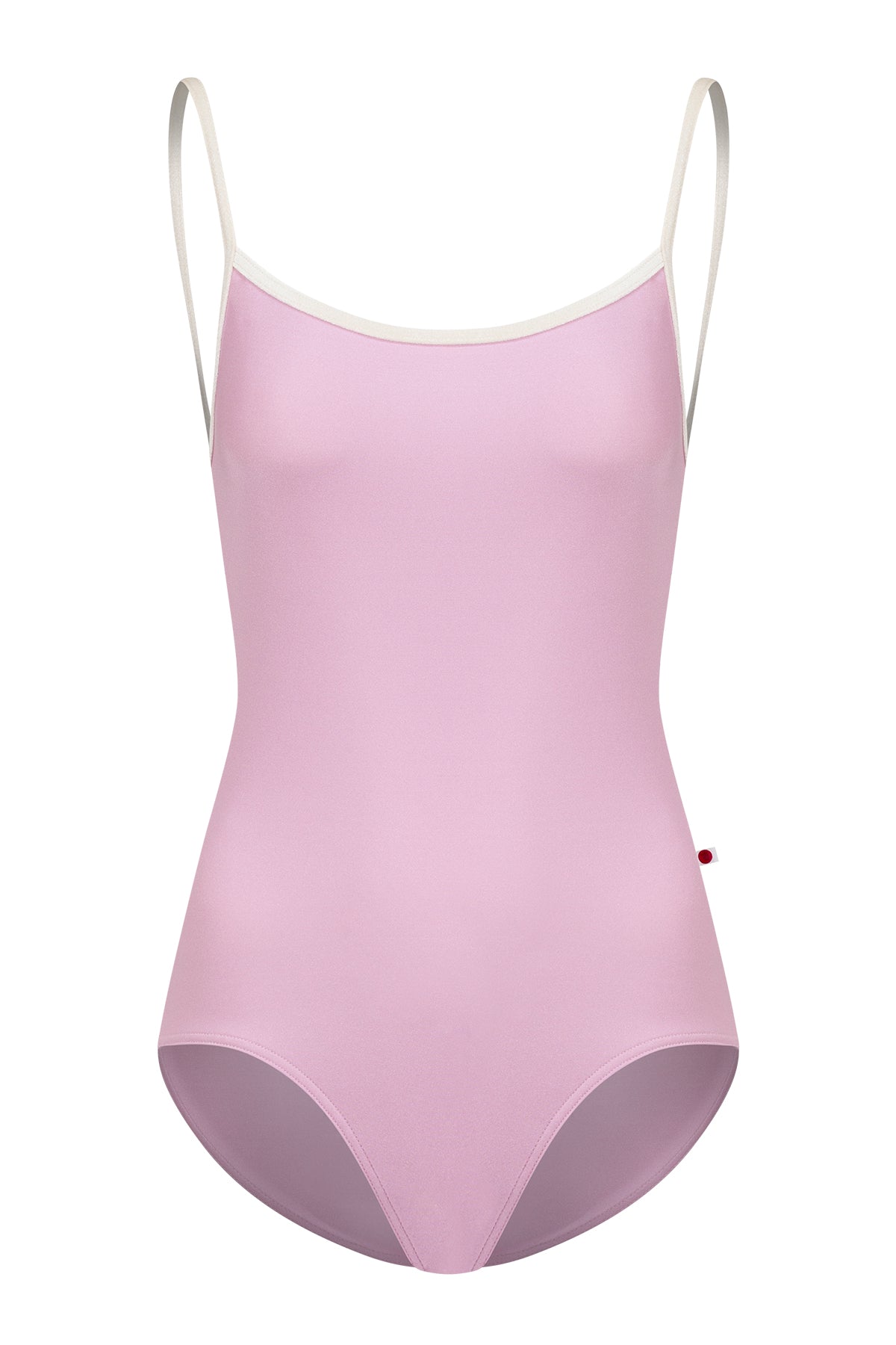 Marisa leotard, orchid-pink with butter yellow trim on the neckline and thin straps.