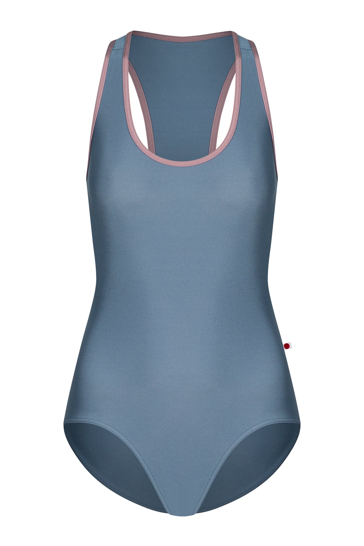 Alex leotard, slate-blue with a scoop neckline and dusty-pink trim, racerback straps.