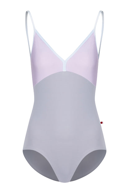 Daria leotard, lilac bodice and a grey body with a V-neckline and thin straps.