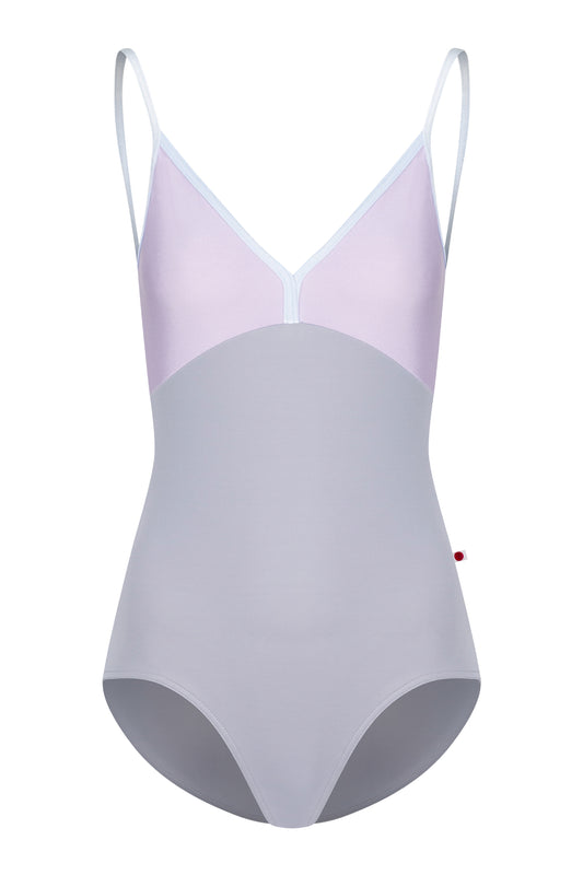 Daria leotard, lilac bodice and a grey body with a V-neckline and thin straps.