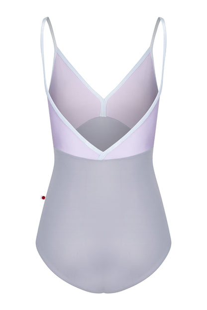 Daria leotard, lilac bodice and a grey body with a V-neckline and thin straps.