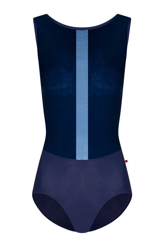 Didi leotard, navy with a pale-blue vertical centre stripe and a high boat neckline.
