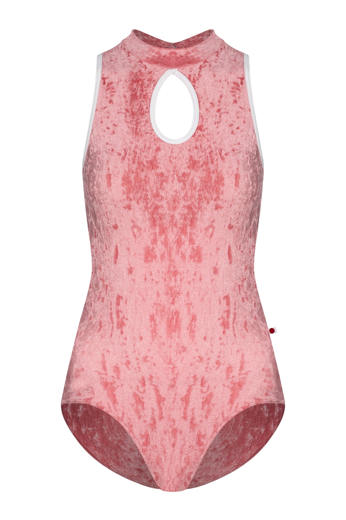 Elise leotard, dusty-rose crushed velvet with a high neck and teardrop keyhole, white trim.