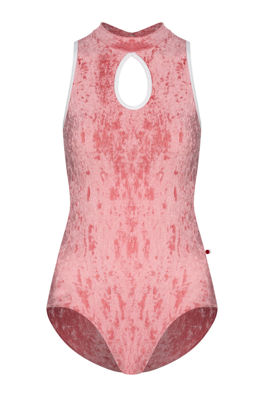 Elise leotard, dusty-rose crushed velvet with a high neck and teardrop keyhole, white trim.