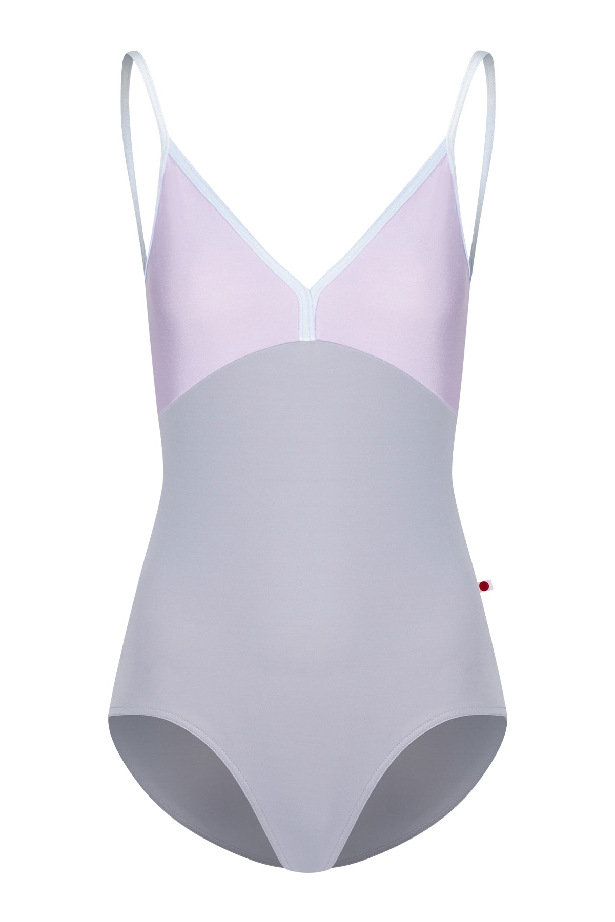 Kids Daria leotard, lilac bodice and a grey body with a V-neckline and thin straps.