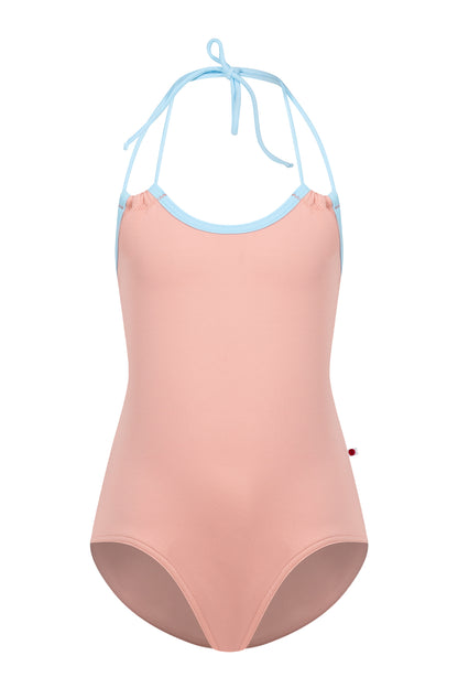 Kids Lilia leotard in blush-pink with a contrasting pale-blue neckline trim.