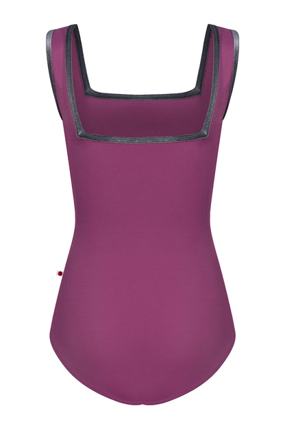 Kids Marieke leotard, magenta-purple with  a square neck, and grey trim.
