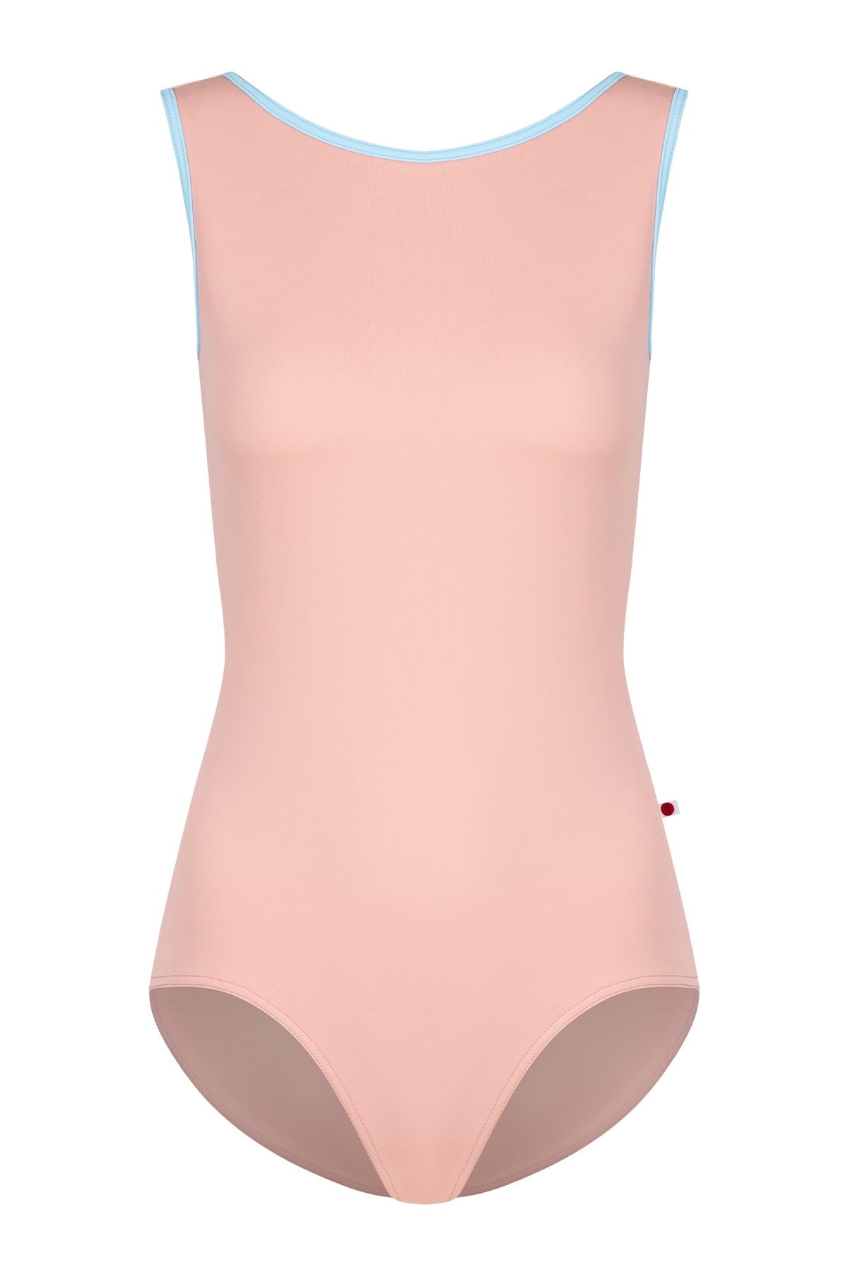 AI-generated model. Sofiane leotard, blush-pink with a contrasting pale-blue neckline trim.