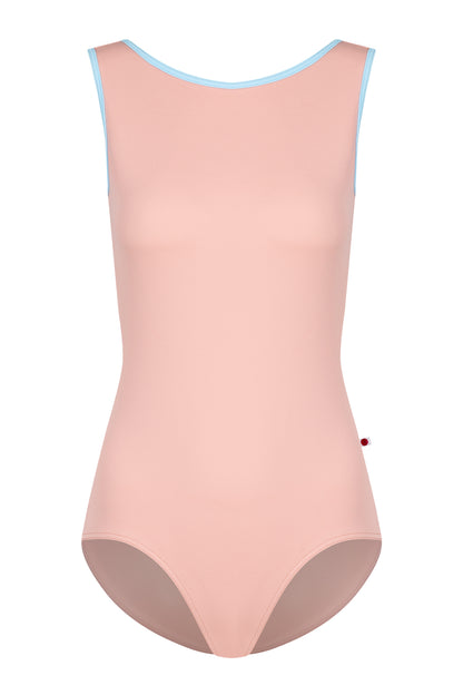 AI-generated model. Sofiane leotard, blush-pink with a contrasting pale-blue neckline trim.