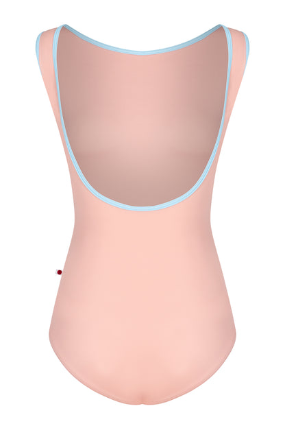 AI-generated model. Sofiane leotard, blush-pink with a contrasting pale-blue neckline trim.