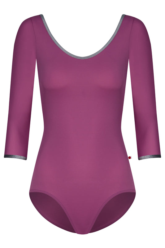 Veronique leotard, magenta-purple with three-quarter sleeves, a scoop neck, and grey trim.