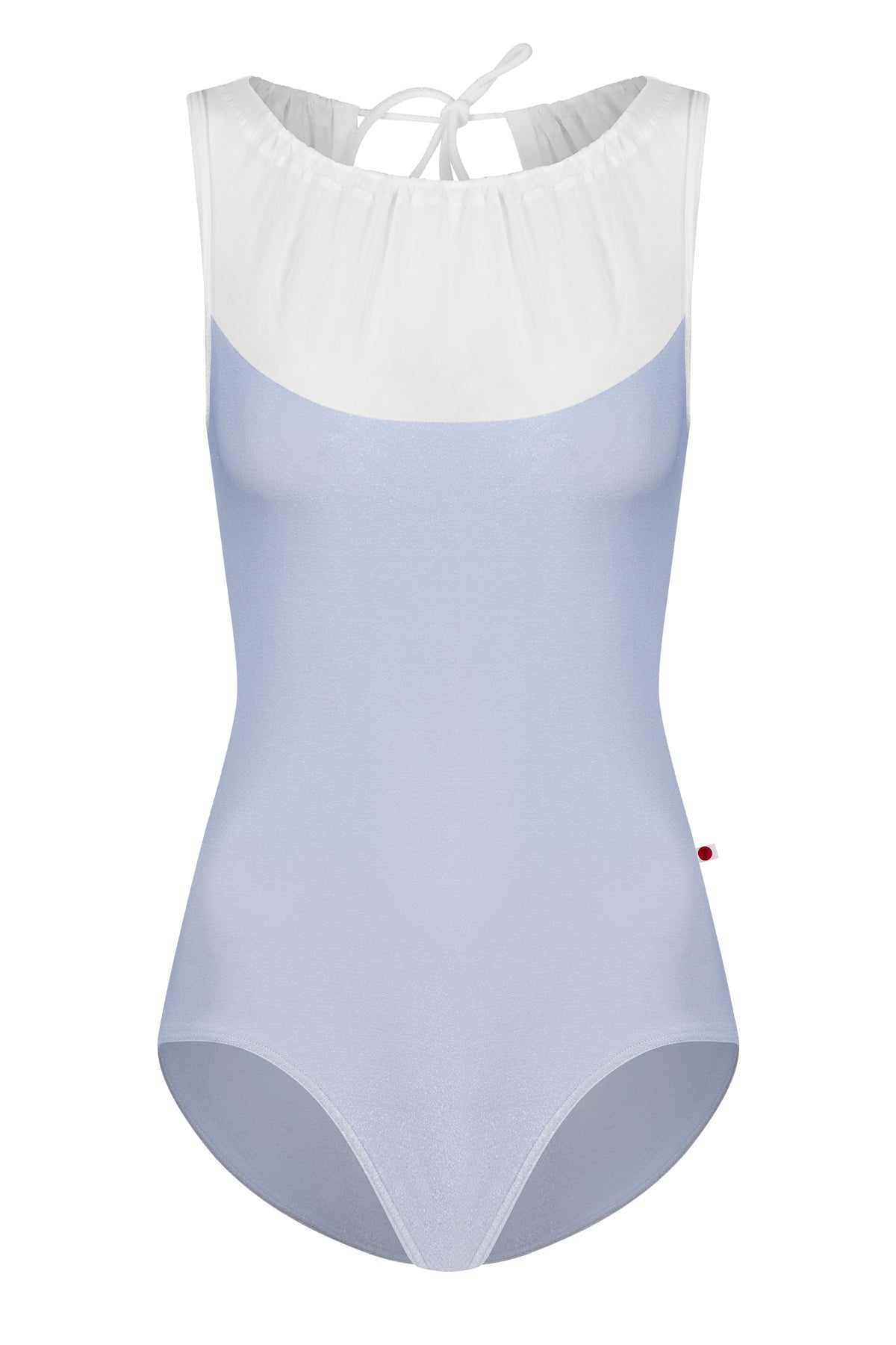 Paris leotard in Serenade, pale periwinkle velvet with a white gathered mesh boat neckline. 