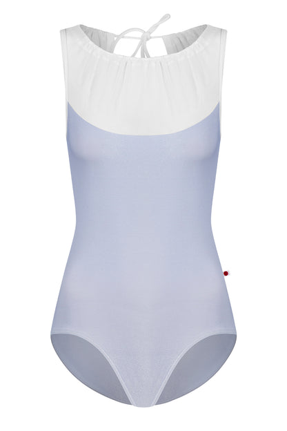 Paris leotard in Serenade, pale periwinkle velvet with a white gathered mesh boat neckline. 